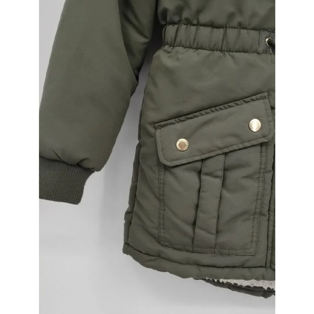 Justice Olive Green Fur Hood Sherpa Long Winter Coat Jacket Label Detail S 7/8